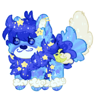 A digitally drawn chibi of a blue Lion-eque canine, with a neutral expression. It has stars across it's fur and mane, and a small accessory shaped like a cresent moon resting on a cloud with with its eye closed.
